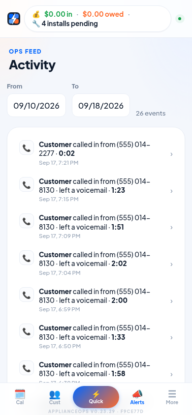 Activity feed listing inbound calls with who called, what happened to the call, and how long it lasted.