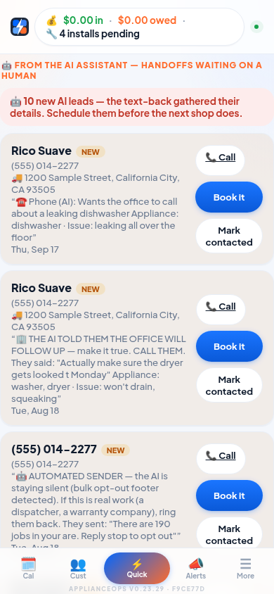 AI leads screen: the AI assistant hands off jobs it has gathered details for, each with the appliance and the fault, and Call / Book It buttons.
