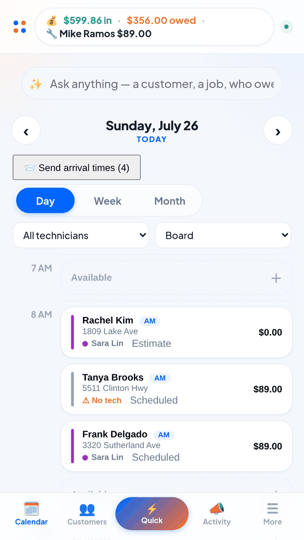 The ApplianceOps dispatch board on a phone: money taken and owed across the top, the day's calls as tappable cards, and Quick Dispatch on the bottom bar.